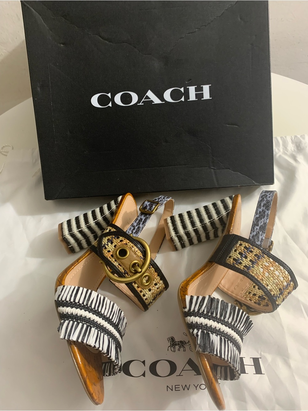 COACH Black & Gold Raffia Buckle Sandals - Picture 3 of 4